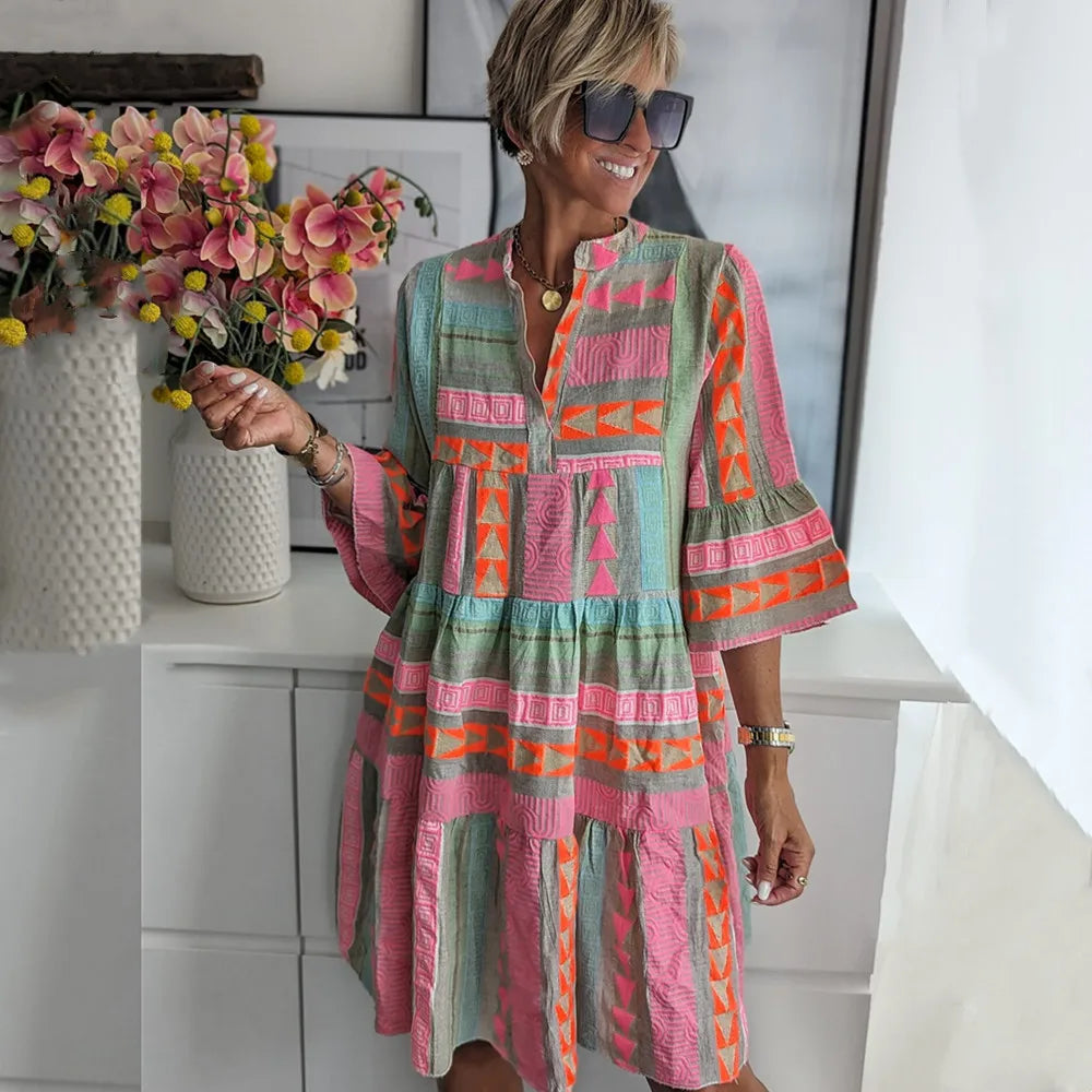 Elegantes Boho-Damenkleid für Frühling - Stilvolles A-Linien-Kleid für jeden Anlass, Vielseitig und Bequem 0