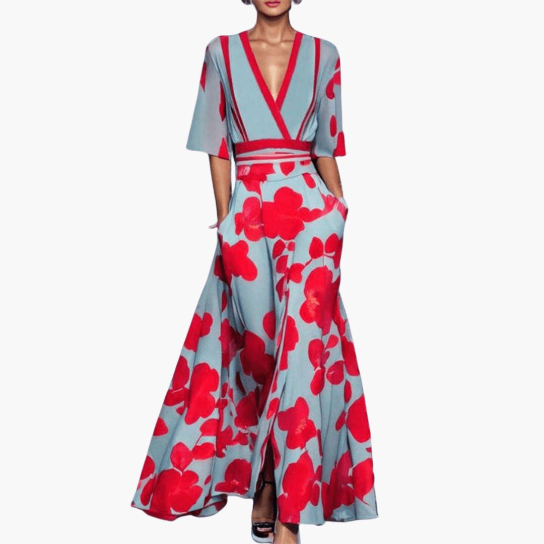 Elegantes Damen-Blumenkleid für den Sommer – Langes V-Ausschnitt Kleid für besondere Anlässe 0