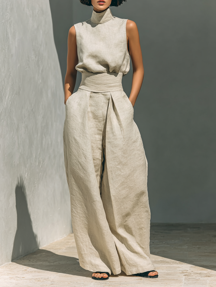 Elegantes Damen Set – Ärmelbluse und Weitgeschnittene Hose für Stilvolle Sommertage 0