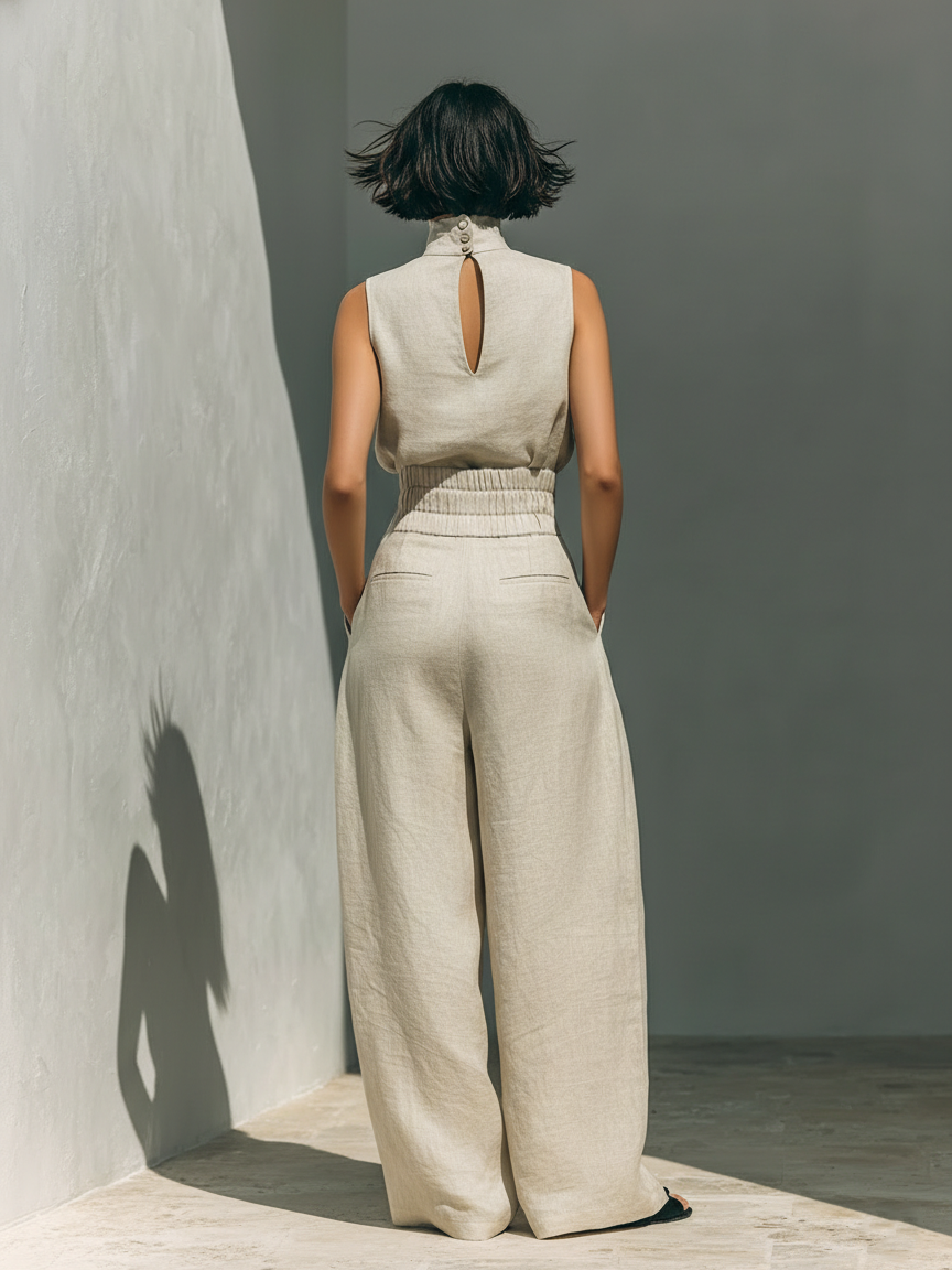 Elegantes Damen Set – Ärmelbluse und Weitgeschnittene Hose für Stilvolle Sommertage 1