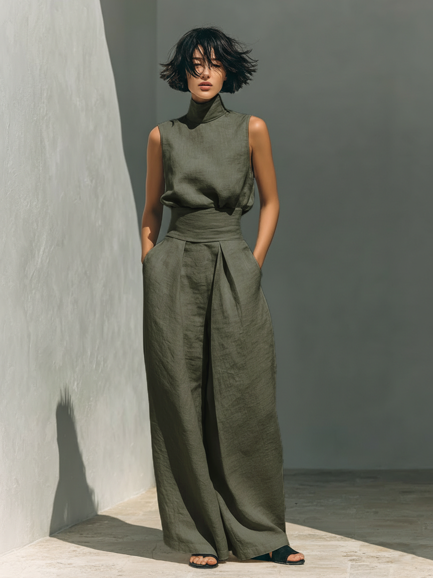 Elegantes Damen Set – Ärmelbluse und Weitgeschnittene Hose für Stilvolle Sommertage 2