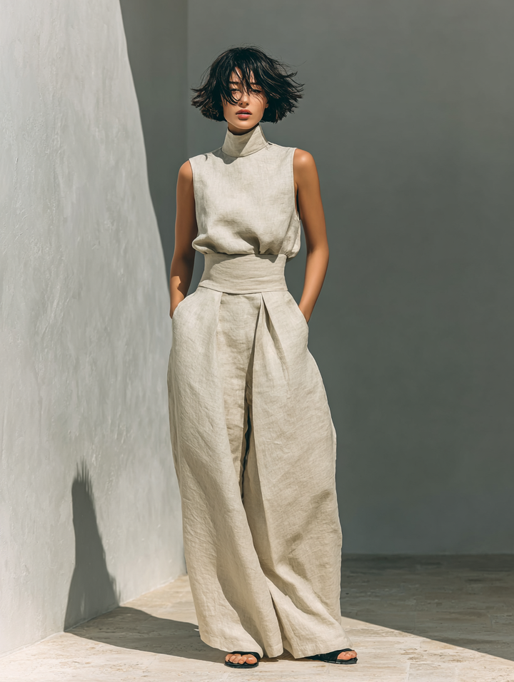 Elegantes Damen Set – Ärmelbluse und Weitgeschnittene Hose für Stilvolle Sommertage 7