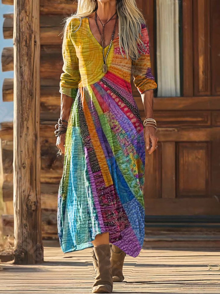 Elegantes Damen Sommerkleid im Boho-Stil mit V-Ausschnitt und langen Ärmeln 0