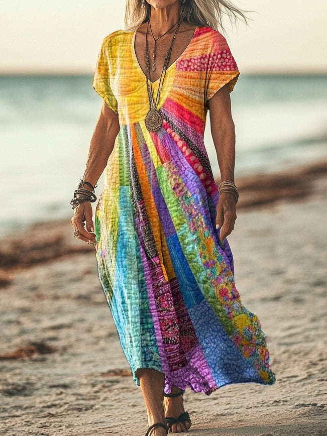 Elegantes Damen Sommerkleid im Boho-Stil mit V-Ausschnitt und langen Ärmeln 1