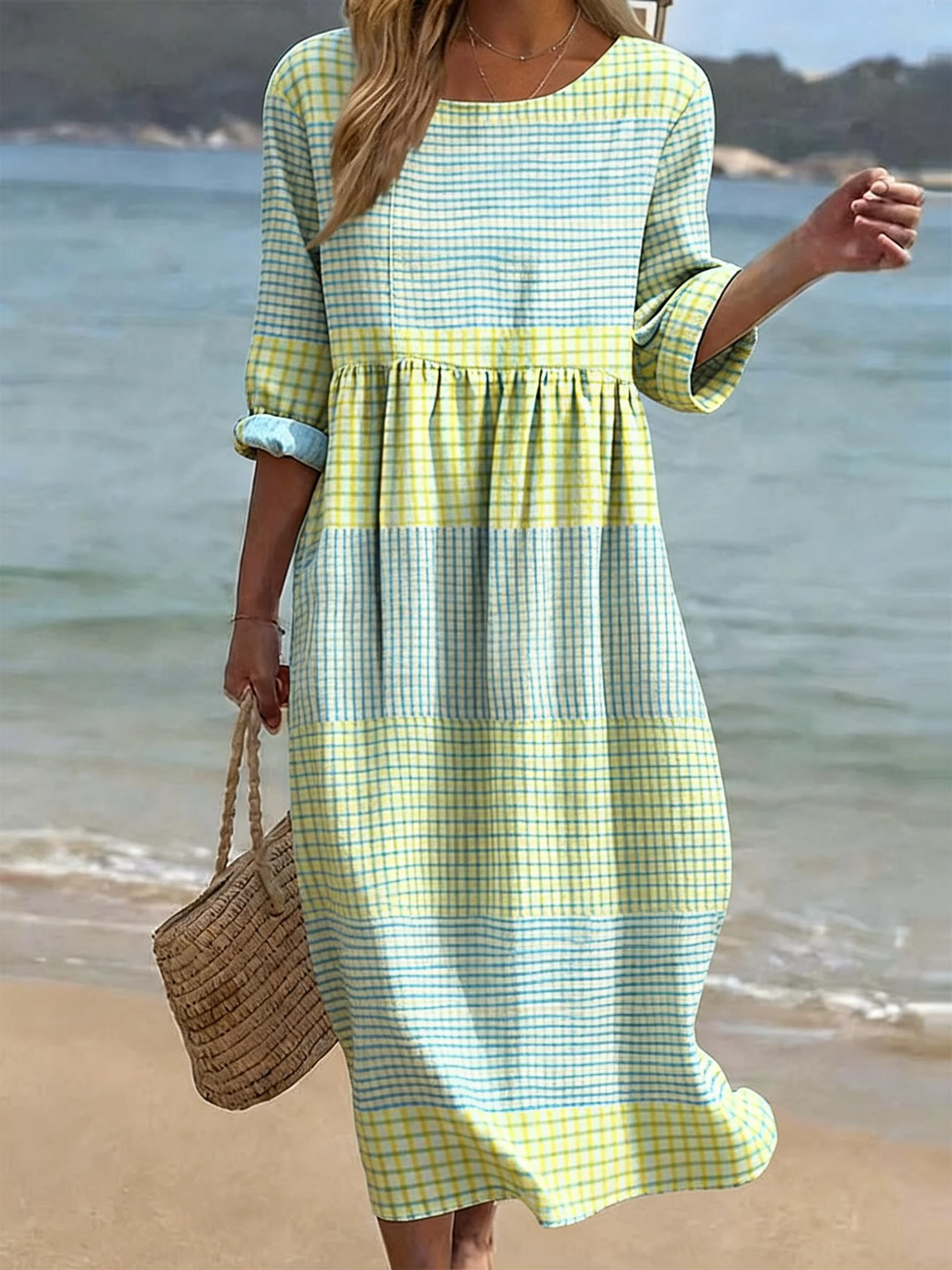 Elegantes Damen Sommerkleid mit halben Ärmeln und Rundhalsausschnitt 0