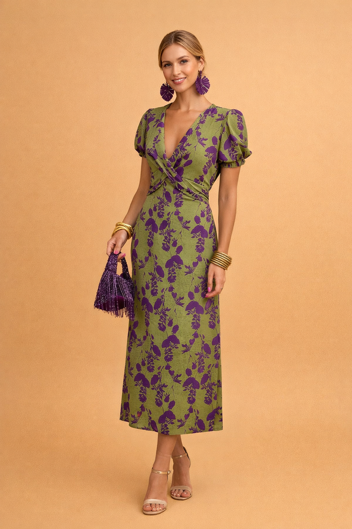 Elegantes Damenkleid mit V-Ausschnitt und Ballonärmeln für den Sommer 0