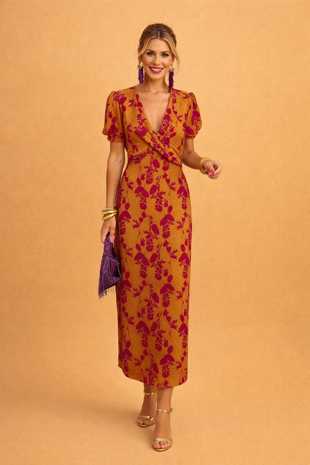 Elegantes Damenkleid mit V-Ausschnitt und Ballonärmeln für den Sommer 1