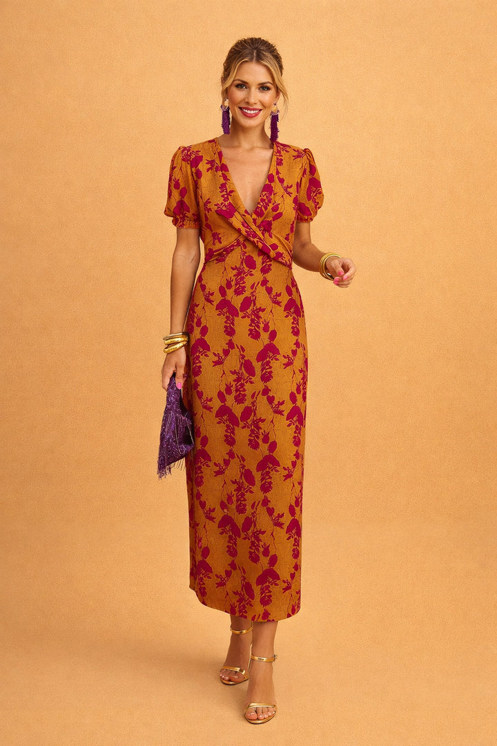 Elegantes Damenkleid mit V-Ausschnitt und Ballonärmeln für den Sommer 1