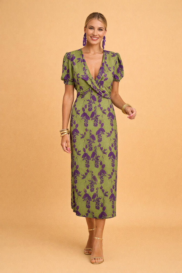 Elegantes Damenkleid mit V-Ausschnitt und Ballonärmeln für den Sommer 2