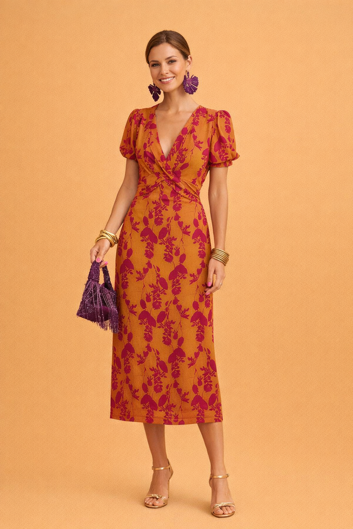 Elegantes Damenkleid mit V-Ausschnitt und Ballonärmeln für den Sommer 3