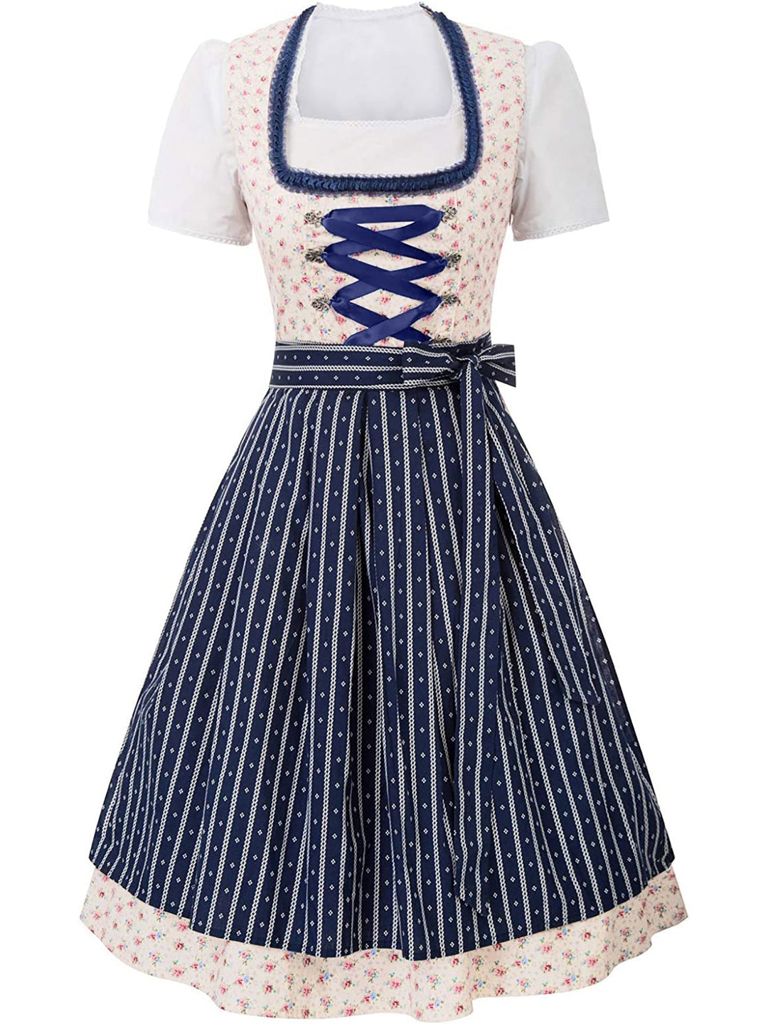 Elegantes Dirndlkleid mit Schnürung und gestreifter Schürze für Oktoberfest und Volksfeste 0