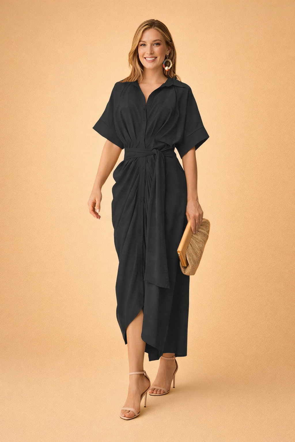 Elegantes Maxikleid für Frauen | Sommerkleid mit Schleife und kurzen Ärmeln 3