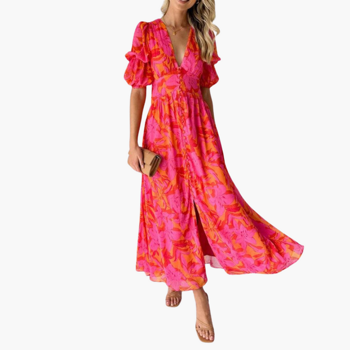 Elegantes Maxikleid mit V-Ausschnitt und Puffärmeln für Sommerpartys und Hochzeiten 0