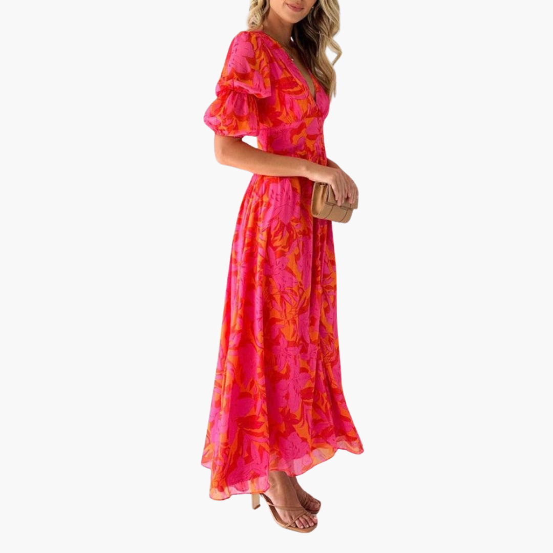 Elegantes Maxikleid mit V-Ausschnitt und Puffärmeln für Sommerpartys und Hochzeiten 1