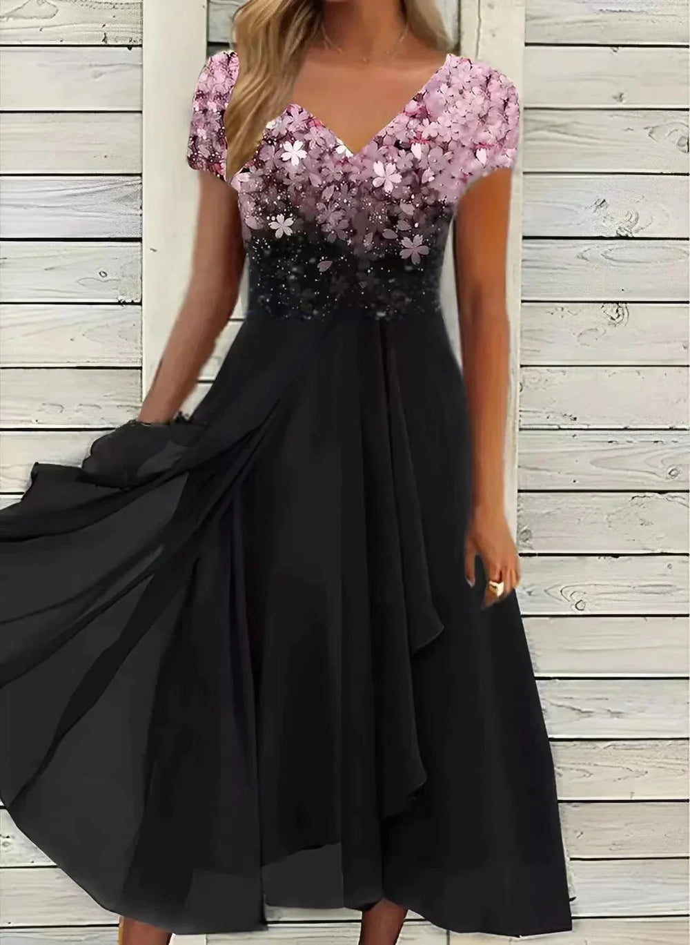 Elegantes Midi-Cocktailkleid mit floralem Oberteil für festliche Anlässe 1
