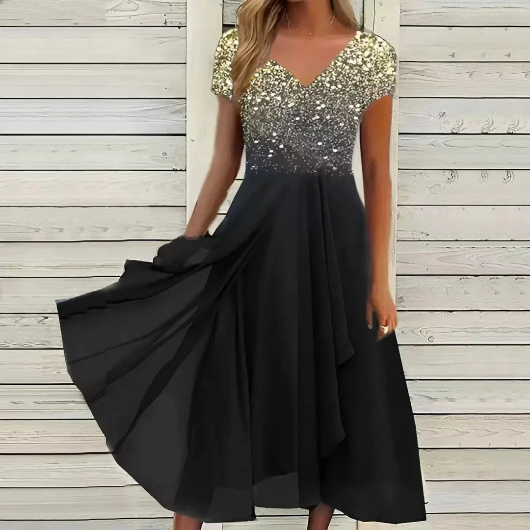 Elegantes Midi-Cocktailkleid mit floralem Oberteil für festliche Anlässe 2