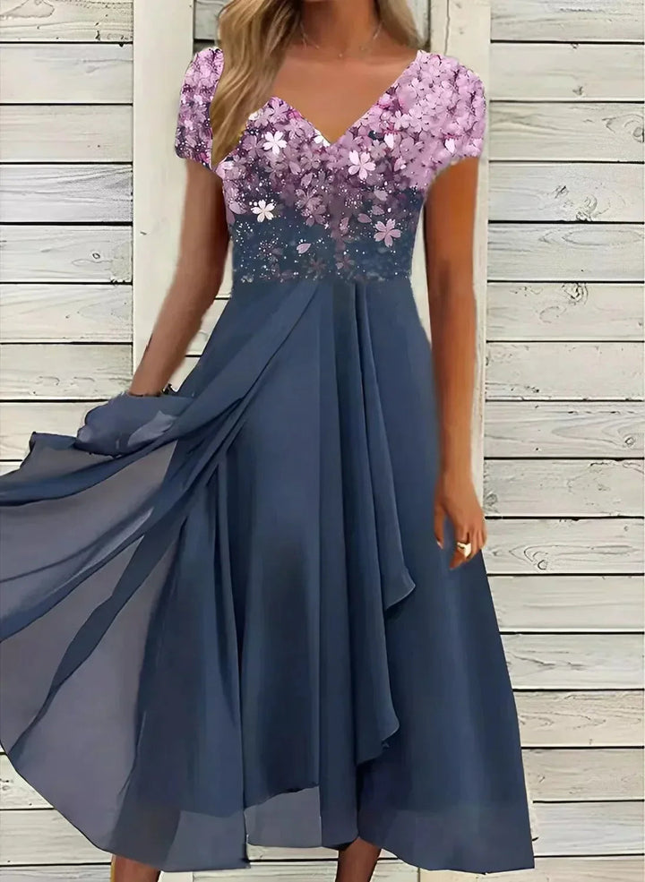 Elegantes Midi-Cocktailkleid mit floralem Oberteil für festliche Anlässe 3