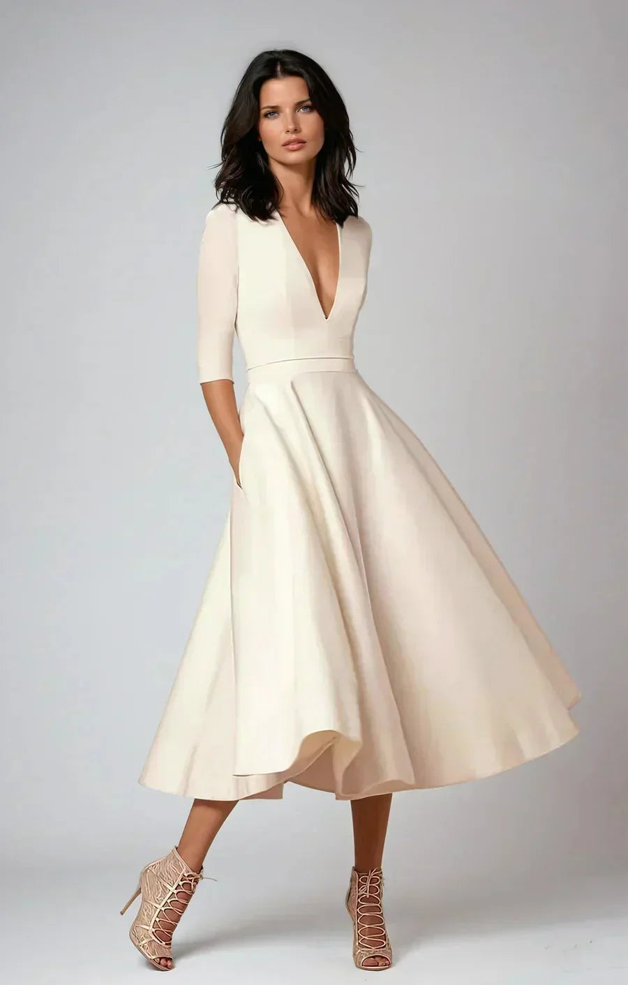 Elegantes Midikleid mit V-Ausschnitt und 3/4-Ärmeln für besondere Anlässe 0