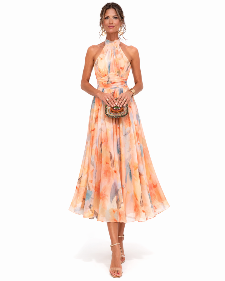 Elegantes Neckholder-Maxikleid im Aquarelldesign für den Sommer 0