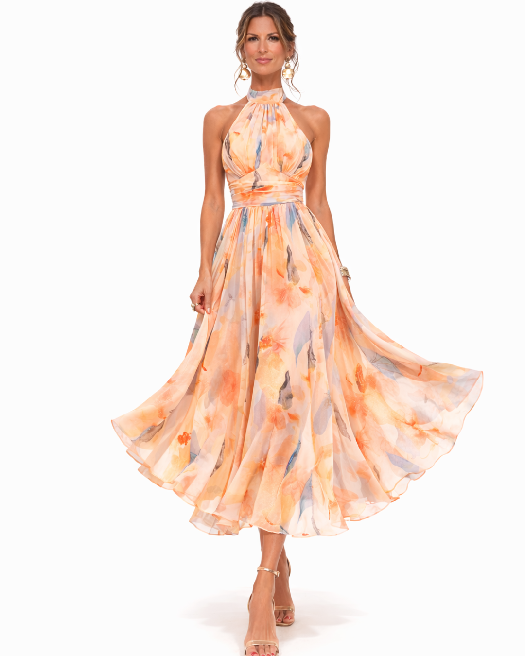Elegantes Neckholder-Maxikleid im Aquarelldesign für den Sommer 1