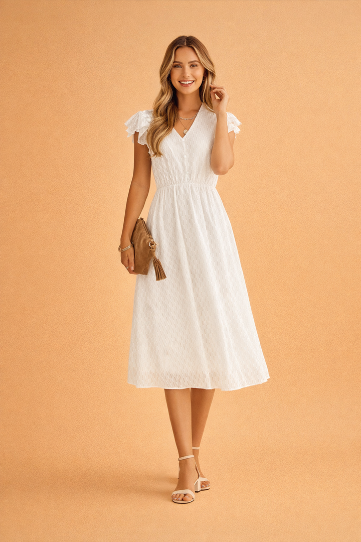 Elegantes Sommerkleid für Frauen - Midi-Länge, V-Ausschnitt, Rüschenärmel 0