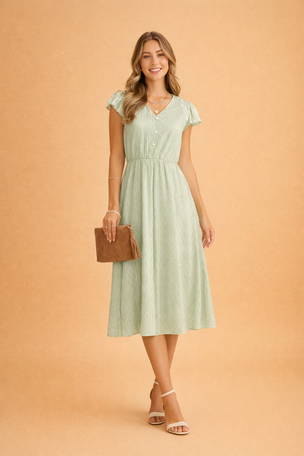 Elegantes Sommerkleid für Frauen - Midi-Länge, V-Ausschnitt, Rüschenärmel 1