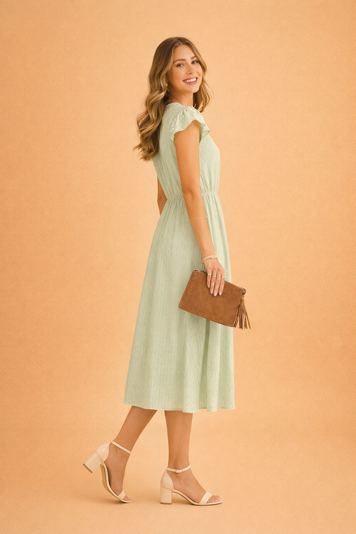 Elegantes Sommerkleid für Frauen - Midi-Länge, V-Ausschnitt, Rüschenärmel 5