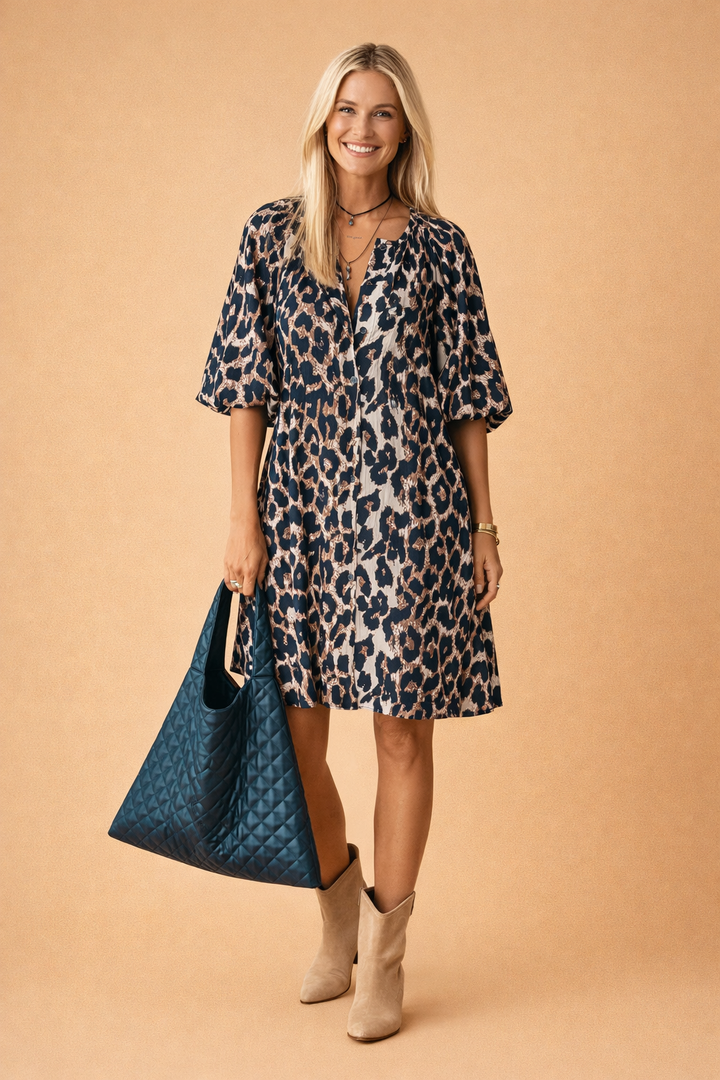 Elegantes Sommerkleid mit Leopardenmuster für Damen - A-Linien-Silhouette, Kurzarm 0