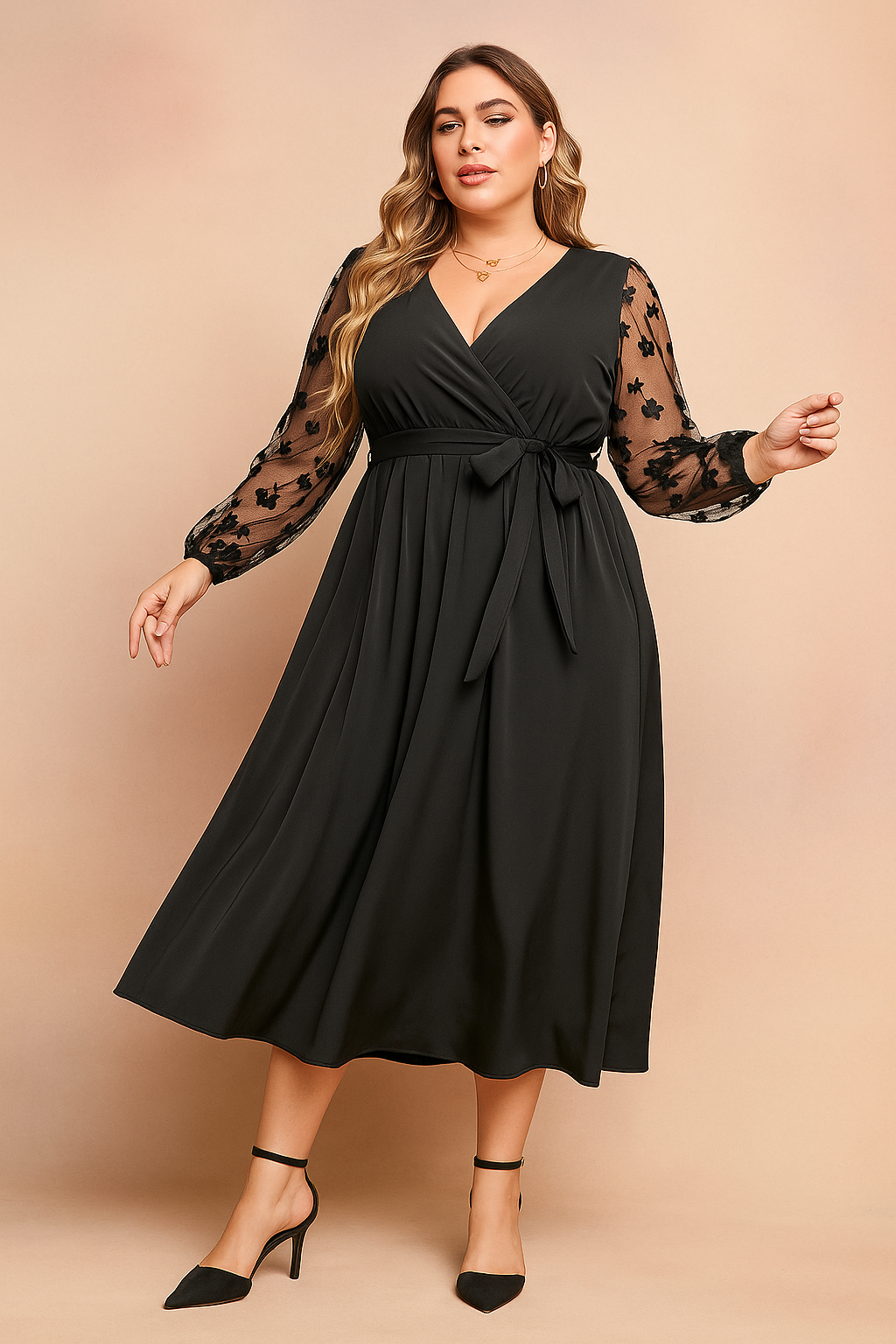 Elegantes Wickelkleid für Damen mit transparenten Ärmeln und Schleife 0