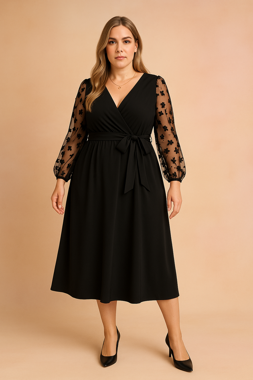 Elegantes Wickelkleid für Damen mit transparenten Ärmeln und Schleife 1