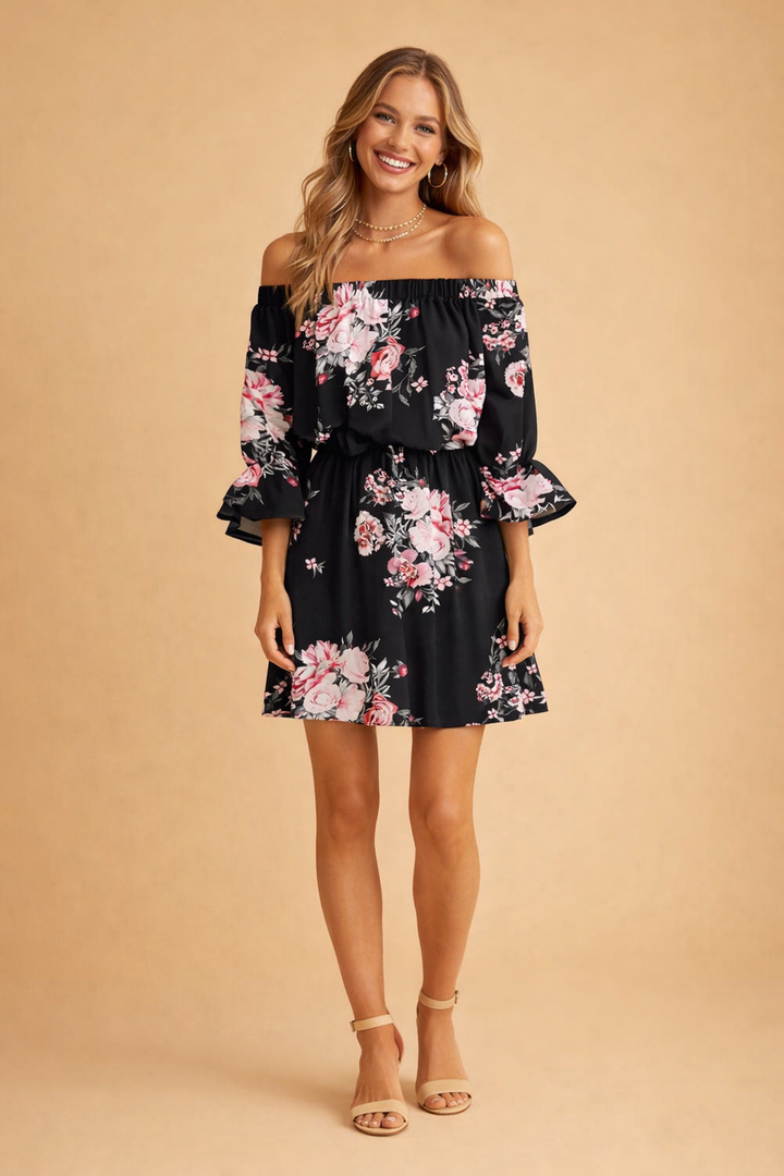 Elegantes schulterfreies Sommerkleid mit auffälligem Aufdruck für Frauen 0