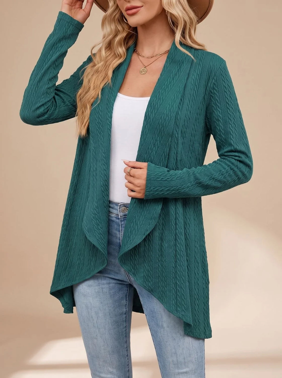 Greta | Damen Langarm Strickjacke Offene Front Kabelstruktur Hüftlang 0