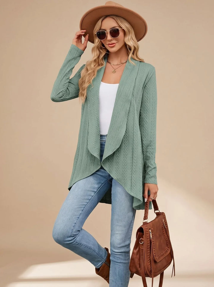 Greta | Damen Langarm Strickjacke Offene Front Kabelstruktur Hüftlang 1
