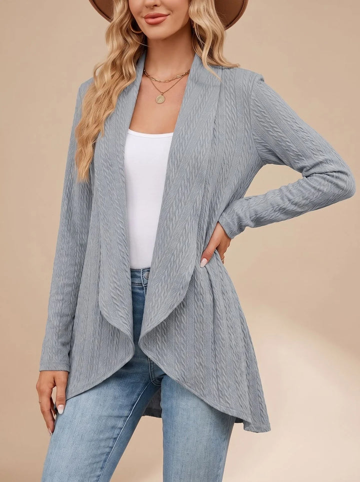 Greta | Damen Langarm Strickjacke Offene Front Kabelstruktur Hüftlang 4