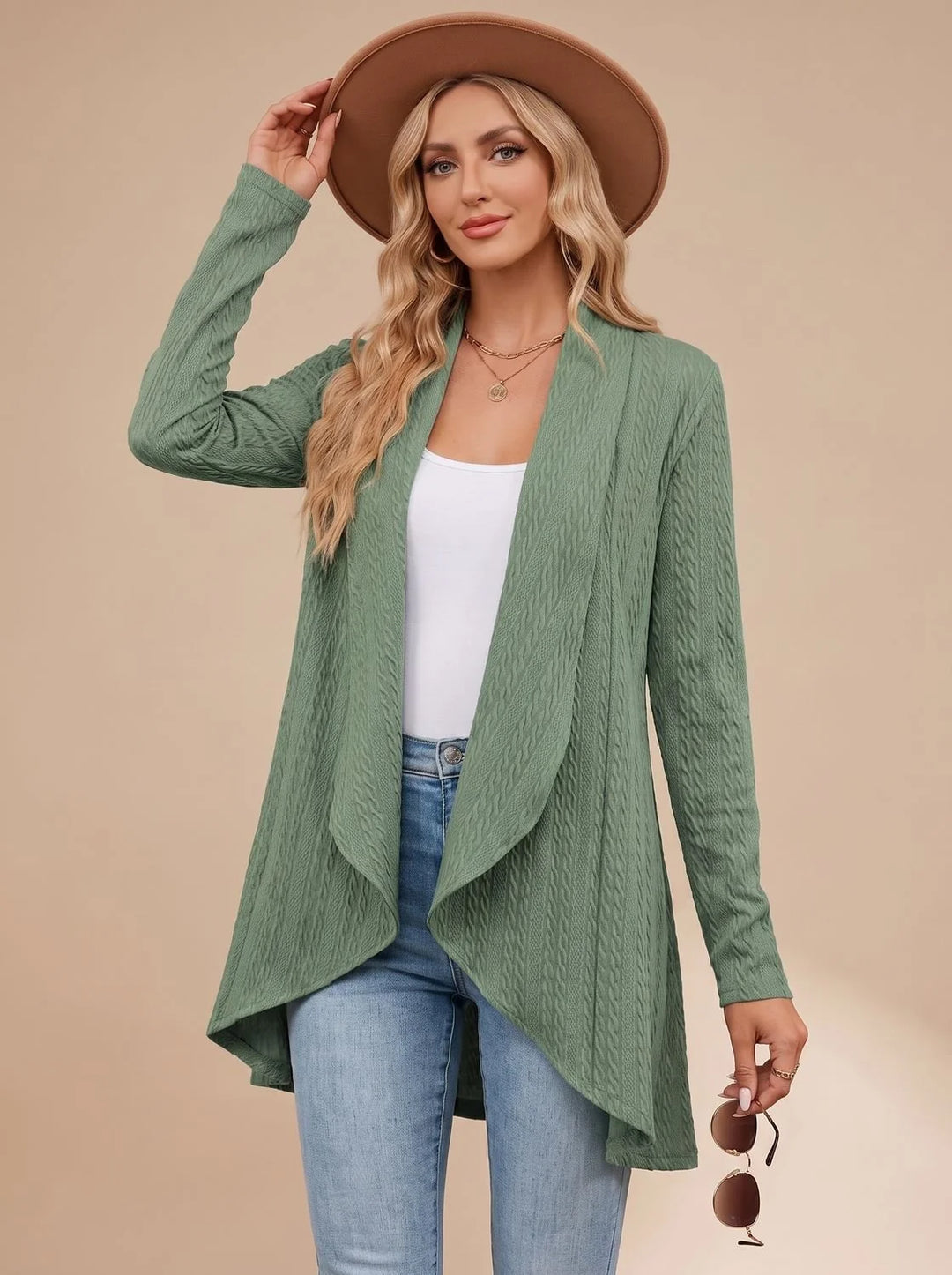 Greta | Damen Langarm Strickjacke Offene Front Kabelstruktur Hüftlang 7
