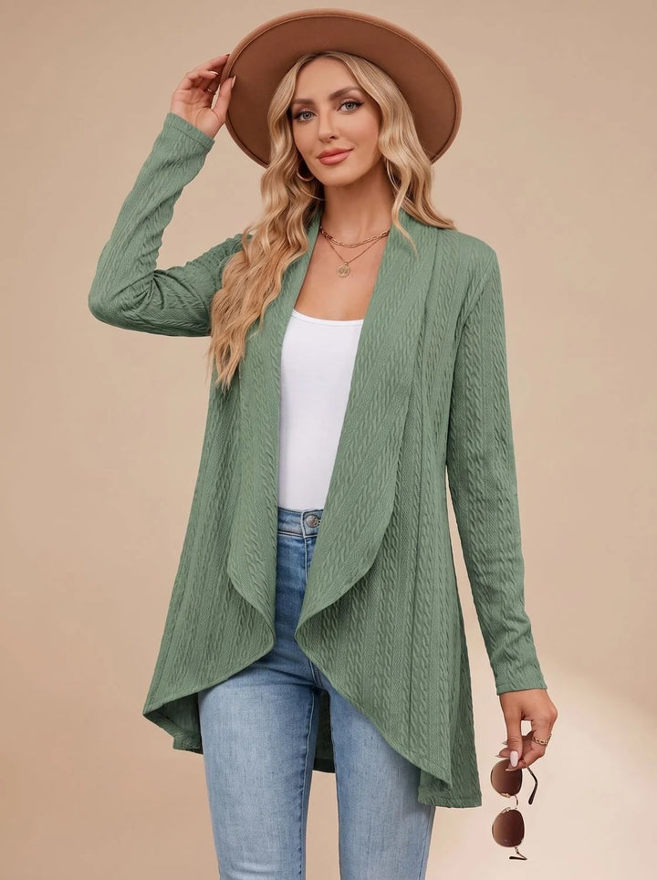 Greta | Damen Langarm Strickjacke Offene Front Kabelstruktur Hüftlang 7