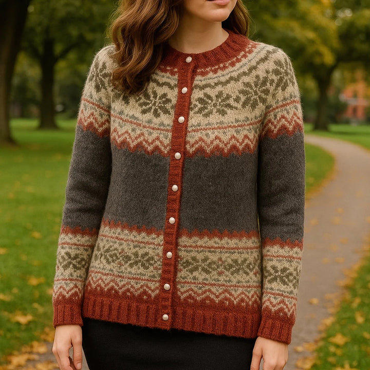 Hannah | Damen Strickjacke Norwegermuster Rundhals Cardigan mit Knopfleiste 1