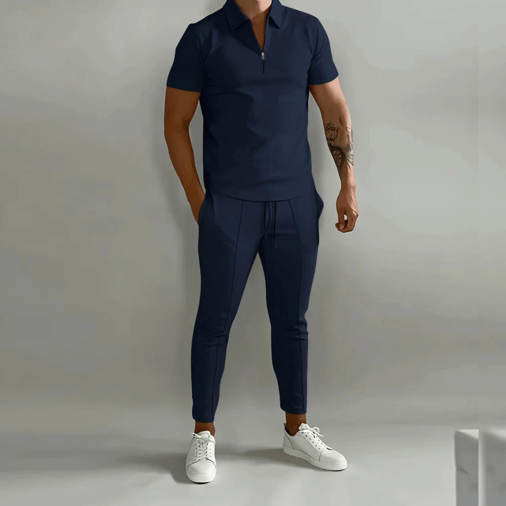 Herren Freizeit-Poloshirt mit Reißverschluss und passender Hose – 2-teiliges Set für lässigen Stil 0