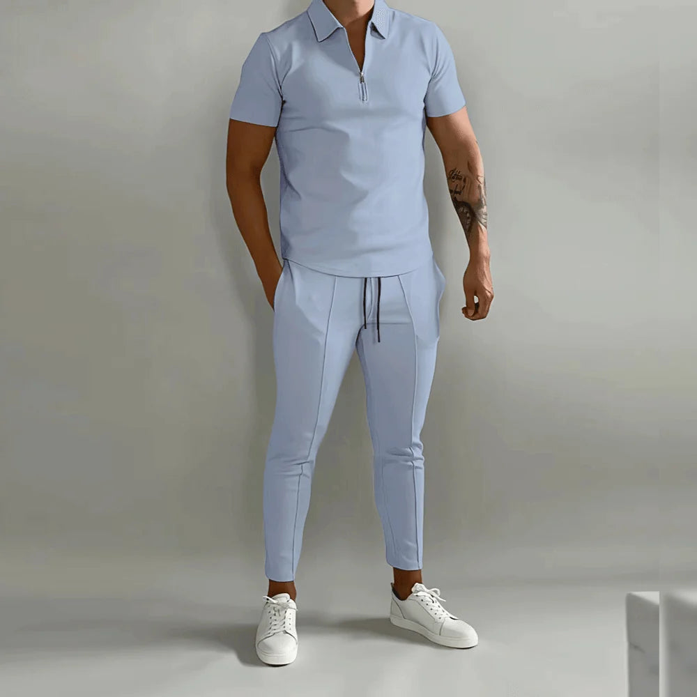 Herren Freizeit-Poloshirt mit Reißverschluss und passender Hose – 2-teiliges Set für lässigen Stil 1