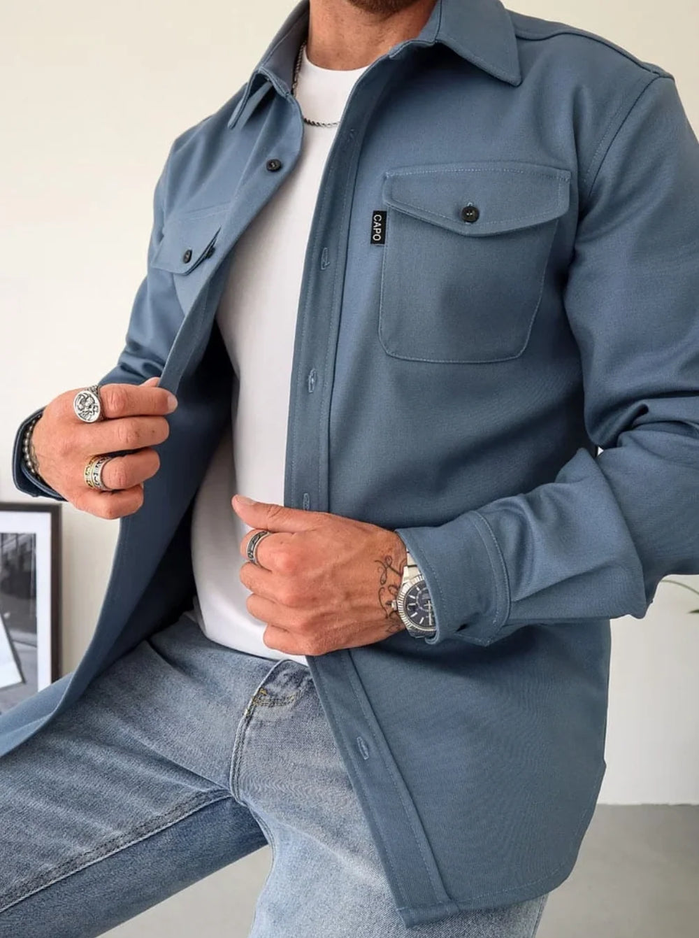 Herren Hemdjacke Lässig mit Knopfleiste und Brusttaschen für Alltag und Freizeit 2