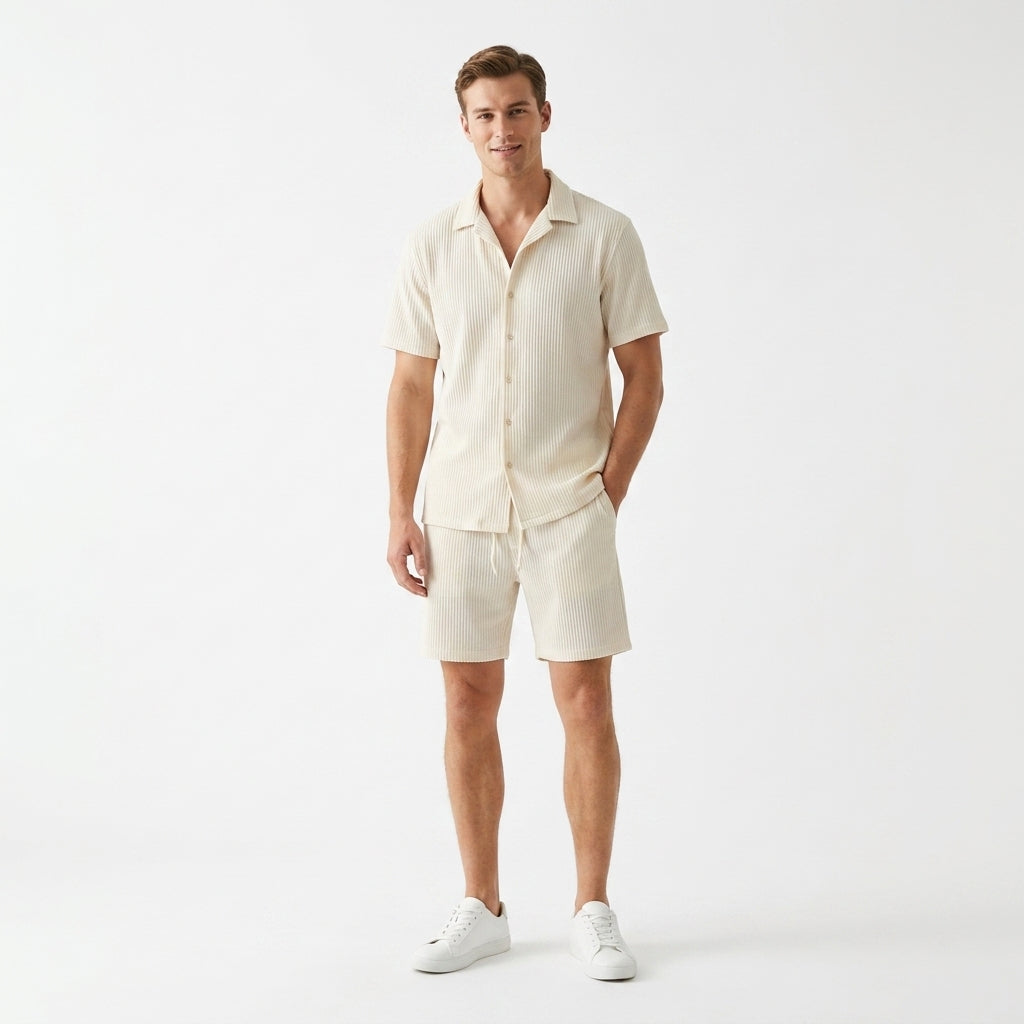 Herren Kurzarmhemd und Shorts Set mit Strukturstoff für Sommer und Freizeit 0