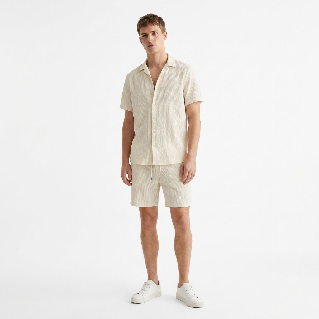 Herren Kurzarmhemd und Shorts Set mit Strukturstoff für Sommer und Freizeit 1