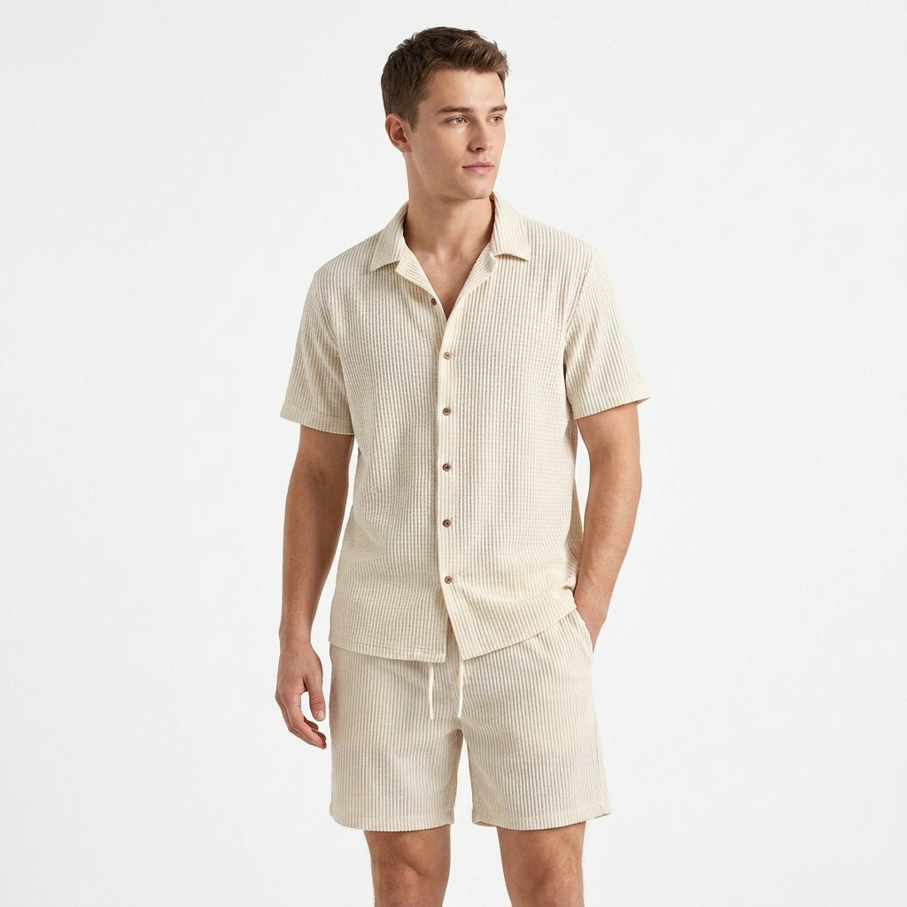 Herren Kurzarmhemd und Shorts Set mit Strukturstoff für Sommer und Freizeit 2