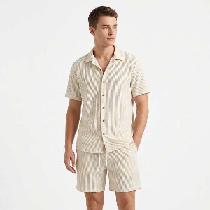 Herren Kurzarmhemd und Shorts Set mit Strukturstoff für Sommer und Freizeit 2