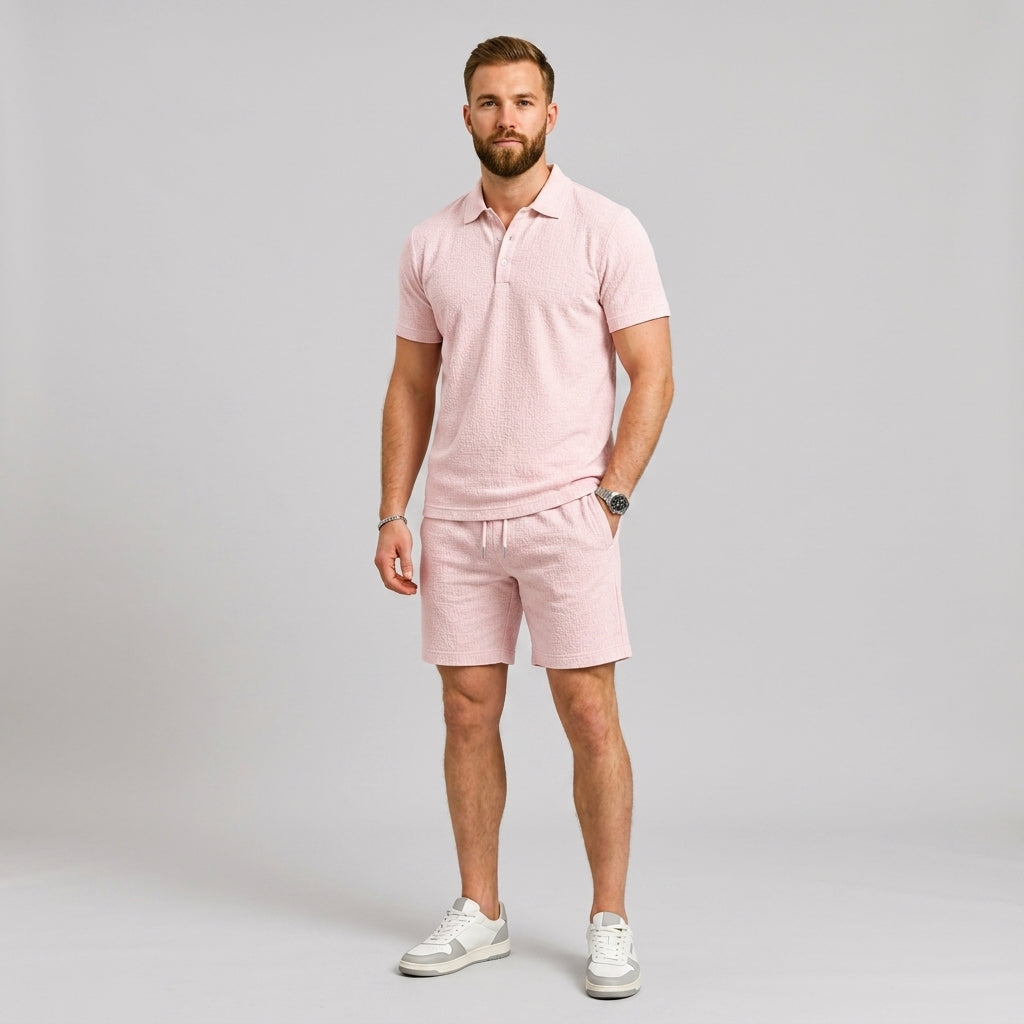Herren Poloshirt und Shorts Set mit Strukturmuster für Sommer Freizeit 0