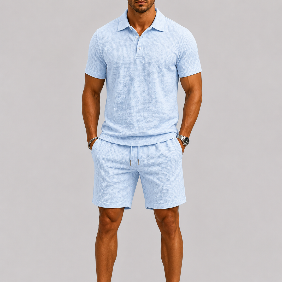 Herren Poloshirt und Shorts Set mit Strukturmuster für Sommer Freizeit 2