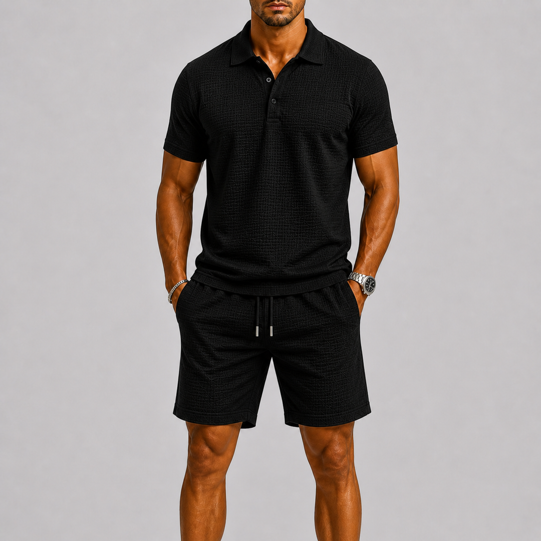 Herren Poloshirt und Shorts Set mit Strukturmuster für Sommer Freizeit 4
