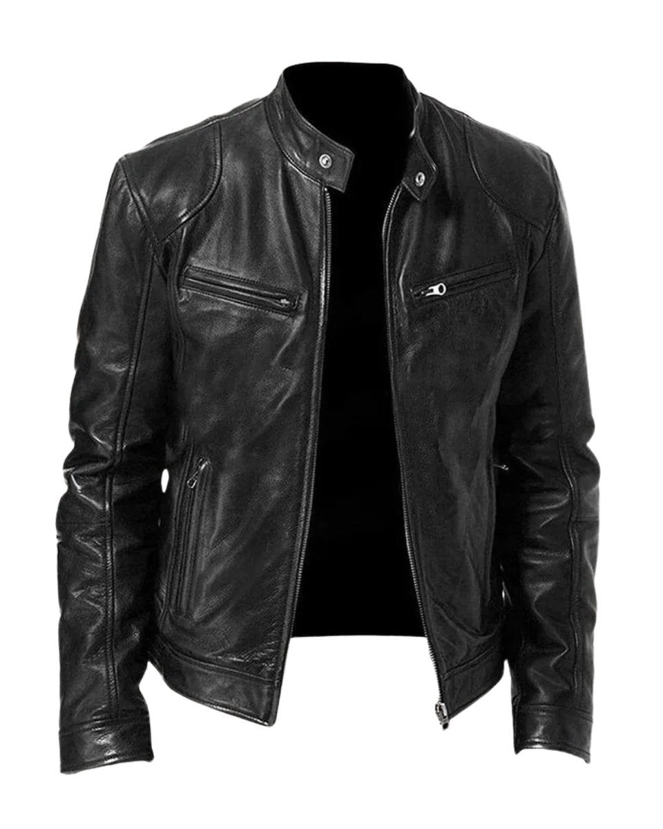 Herren Slim-Fit Bikerjacke mit Stehkragen und Reißverschluss – Stylische gesteppte Kunstlederjacke 1