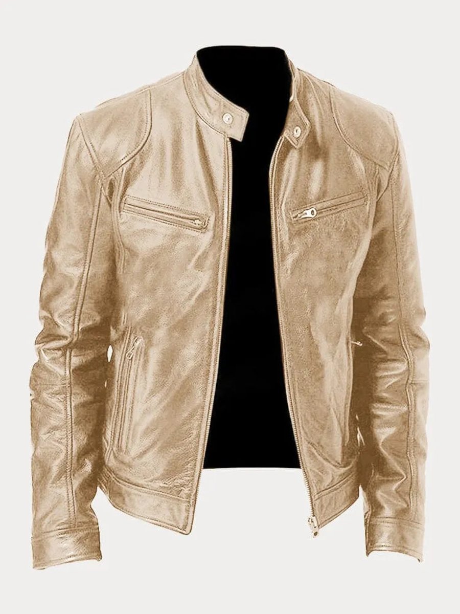 Herren Slim-Fit Bikerjacke mit Stehkragen und Reißverschluss – Stylische gesteppte Kunstlederjacke 14