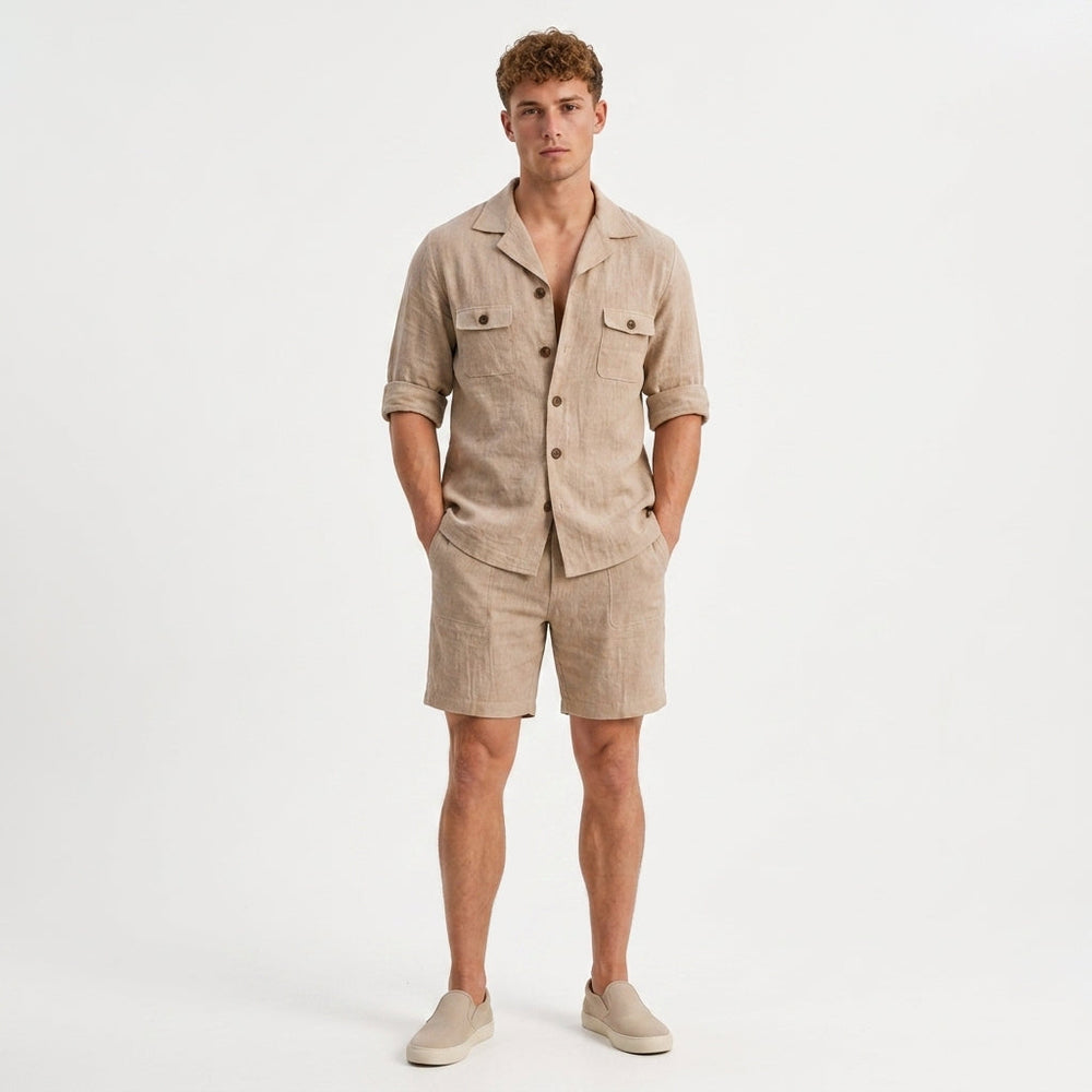 Herren Sommer-Set Hemd und Shorts in Leinenoptik mit Brusttaschen, Stilvoll und Komfortabel für Warme Tage 1
